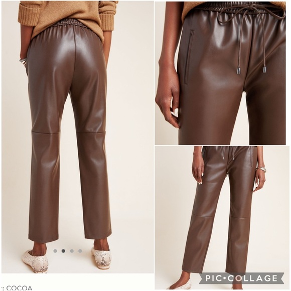 NWT new large Anthropologie sakara faux vegan leather jogger pants cocoa brown - Picture 8 of 17